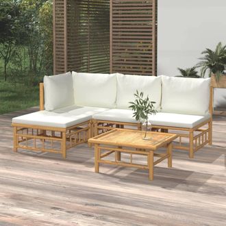 vidaXL Set De Muebles De Jard&iacute;n 5 Piezas Bamb&uacute; Y Cojines Blanco Crema Vidaxl