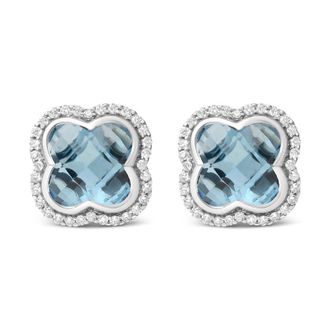 House of Brilliance 18K White Gold 3/8 Cttw Diamond and 11x11mm Clover-Cut London Blue Topaz Gemstone Halo Clover Stud Earrings (G-H Color, SI1-SI2 Clarity)