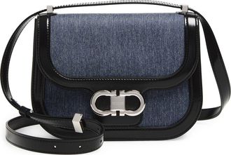 Ferragamo X-Small Double Gancio Crossbody Bag in Denim/White/Nero at Nordstrom