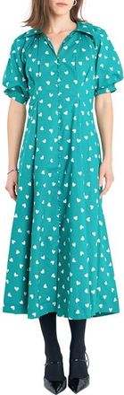 English Factory Heart Print Cotton Midi Dress in Green at Nordstrom, Size X-Small