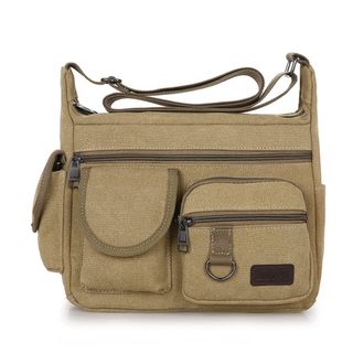Generic Men Outdoor Shoulder Bag with Multiple Pockets Canvas Casual Messenger Bag Multifunctional Vintage Storage Bag Work School Bag for Male (Khaki)