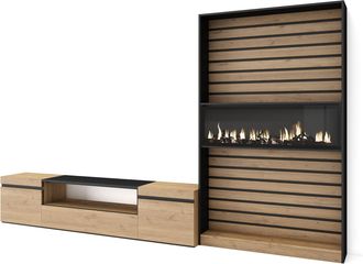 Skraut Home Skraut Home - Muebles De Sal&oacute;n Para Tv, Conjunto De Muebles Comedor, 310x186x35cm, Para Tv Hasta 80, Chimenea El&eacute;ctrica, Estilo Moderno, Roble Y Negro