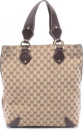 Gucci Beige Brown Canvas Leather Handbag Tote Bag (Pre-Owned)