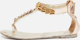 Giuseppe Zanotti Gold Leather Embellished Ankle Strap Flat Sandals
