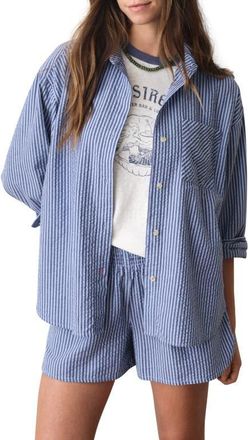 Marine Layer Gracey Stripe Oversize Cotton & Kapok Seersucker Button-Up Shirt in Bay Blue Stripe at Nordstrom, Size X-Small