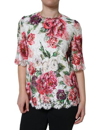 Dolce & Gabbana Womens White Peony Lace Short Sleeves Blouse Top Cotton Nylon Viscose