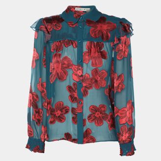 Alice & Olivia Alice + Olivia Teal/red Chiffon Floral Print Ziggy Ruffle Long Sleeve Blouse