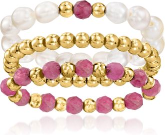 Ross-Simons 3-4mm Cultured Pearl and 3-3.5mm Pink Tourmaline Bead Jewelry Set: 3 Stretch Rings With 10kt Yellow Gold. Large (9-10)