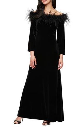 Alex Evenings Maribou Detail Off the Shoulder Long Sleeve Velvet Gown in Black at Nordstrom Rack, Size 6