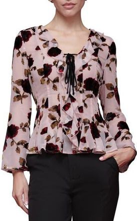 Avec Les Filles Ruffle Trim Floral Print Shirt in Rose Burnout at Nordstrom Rack, Size Small