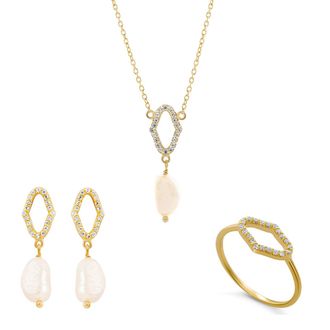 Orphelia Normandy WoMens 925 Sterling Silver Set: Necklace + Earrings + Ring - Gold SET-7574/G - Size O 1/2