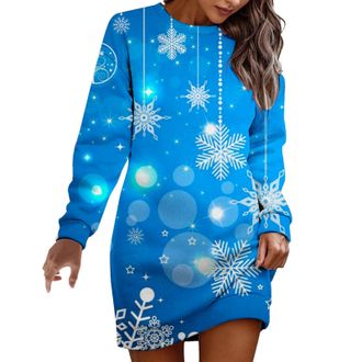 Generic Christmas Sweater Dress for Womens UK Xmas Jumper Sweater Tunic Christmas Jumper Dress for Women UK Cute Reindeer Santa Xmas Tops Long Sleeve O Neck P