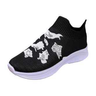 Generic Womens Fashion Floral Print Breathable Mesh Slip On Sneakers Lightweight Walking Casual Athletic Tennis Shoes with Comfortable Arch Support and Non So