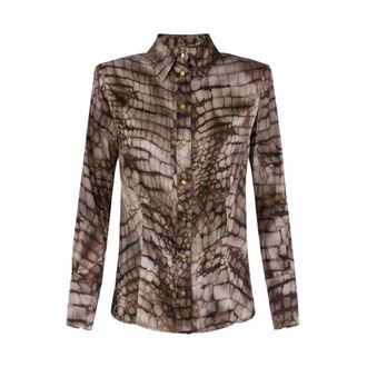 Elisabetta Franchi Shirts, female, Brown, Size: XL Alligator-Print Satin Shirt
