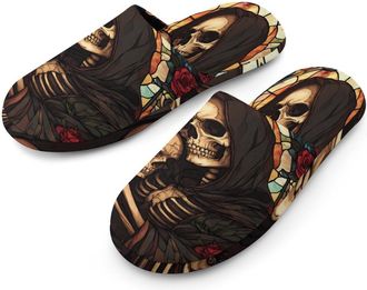 Generic Grim Reaper Rose Skull Mens Flannel Slipper Soft Comfy House Shoes Non Slip Winter Warm Indoor Outdoor Slippers