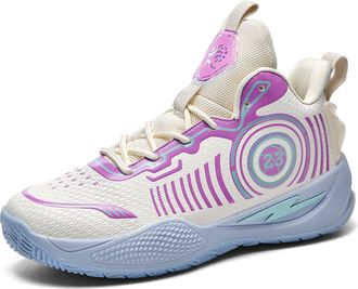 Generic Mens Basketball Shoes High Top Anti Slip Shock-Absorbing Running Fashionable Durable Training Boots Walking Shoes(Beige-Purple,4.5 UK)