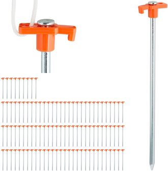 Relaxdays Set De 100 Piquetas Para Camping, Anclaje Para El Suelo, Estacas Para Tiendas De Campa&ntilde;a, Acero, 25cm, Naranja