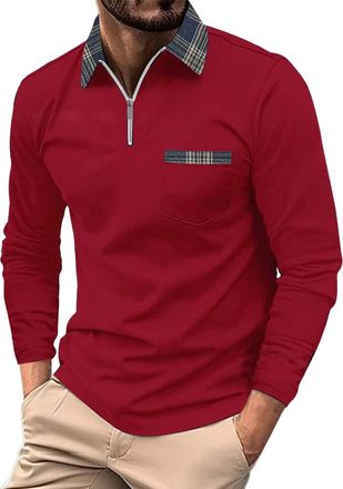 Generic Back Long Sleeve Top Mens Cowboy Shirt Men Longline Long Sleeves Tees Tops Solid Color Zip Up V Neck Tees Tops Plaid Lapel Chest Pocket Regular Fit T-