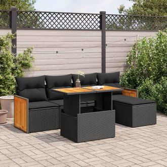 vidaXL Set Sof&aacute;s Jard&iacute;n Y Cojines 6 Pzas Rat&aacute;n Sint&eacute;tico Acacia Negro Vidaxl