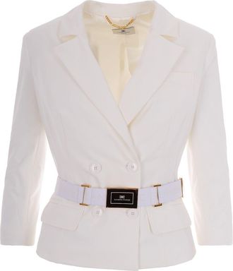 Elisabetta Franchi Ivory Bi-Elastane Blazer With Classic Lapel And Gold Accents