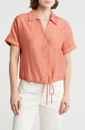 Adrianna Papell Short Sleeve Tie Hem Button-Up Shirt in Desert Rose at Nordstrom Rack, Size X-Small