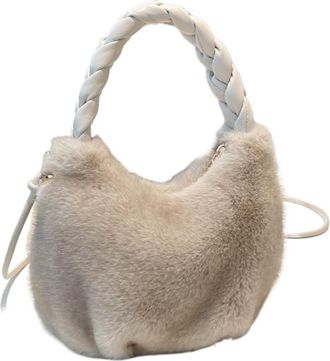 Generic Womens Plush Bags Fluffy Texture Vwrastile Crossbody Bag Women Winter Furry Bucket With Braided Leisure Handle Shoulder Storage Bags(White)