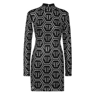 Philipp Plein Kleedjes, Dames, Zwart, S, Polyester, Mini Jurk Strass Monogram
