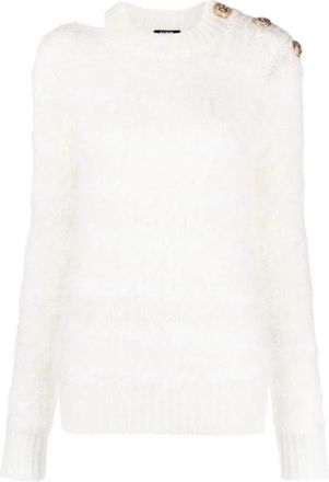 Balmain Schouderuitgesneden gestreepte trui - Dames - Ronde hals truien - Beige - M - Wol - Truien & Vesten