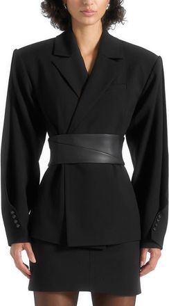 Mani&egrave;re De Voir Marie Wool Twist Sleeve Blazer with Belt in Black at Nordstrom, Size 10