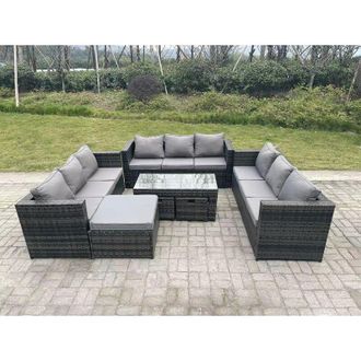 Fimous Outdoor Rattan Garden Furniture Lounge Sofa Set With Oblong Rectagular Coffee Table Big Footstool and 2 Small Stools - Fimous