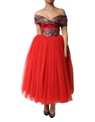 Dolce & Gabbana Womens Floral Off-Shoulder Dress Red Polyester Film Fiber