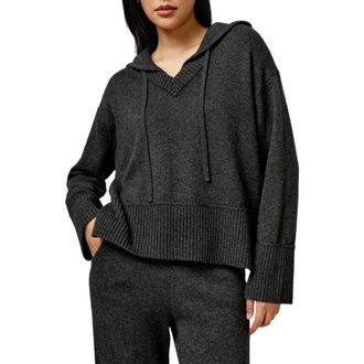 LilySilk V Neck Wool-Cashmere Blend Hoodie for Women in Dark Gray at Nordstrom, Size X-Large