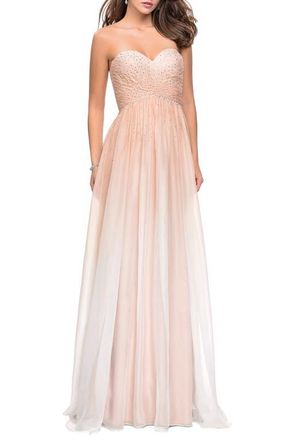 La Femme Ombre Chiffon Prom Dress with Criss Cross Pleating in Nude at Nordstrom, Size 2