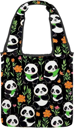 Generic Cute Cartoon Panda Reversible Canvas Shoulder Tote - Double-Sided Print, 12oz Cotton, 27cm Drop, Fold-Flat Bag for Travel, Shopping, Street Outings