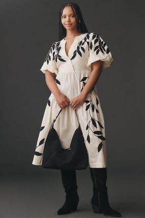 Anthropologie By Anthropologie Short-Sleeve Embroidery Appliqu&eacute; Maxi Dress