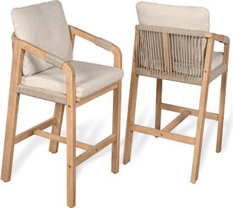 Jonathan Y Designs Porto Modern Coastal Tub Roped Acacia Wood Outdoor Bar Stool with Cushions and Armrests, Gray/Teak Brown (Set of 2)