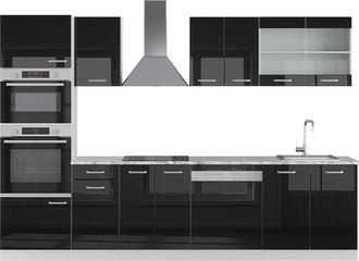 Vicco Mueble De Cocina R-line, Negro Brillo Intenso, 300 Cm Con Armario Alto, Et M&aacute;rmol