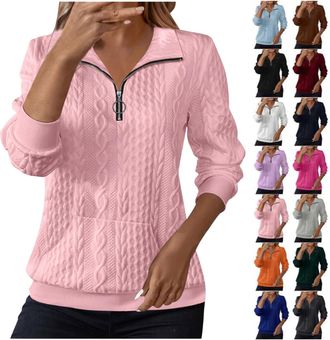 Generic Ladies Jumpers Size 16, Womens 1/4 Zip Jumper UK Ladies Collared Textured Sweatshirt Autumn Trendy Plain Long Sleeve Sweater Fall Winter Outfits Offic
