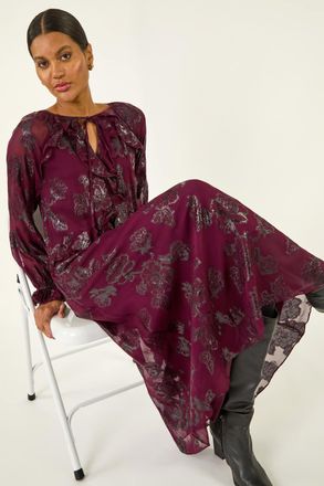 Roman Floral Brocade Frill Midi Dress