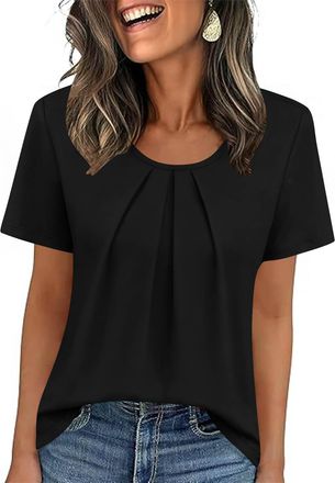 Generic Womens Tops Dressy Casual Summer Tunic Blouse Loose Pleated Front Crew Neck Short Sleeve Shirts Ladies Solid Color Lightweight Fashion Classic Elegant