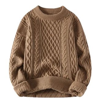 Generic Men Autumn Winter Knitted Crew Neck Aran Sweater Pullover Long-Sleeve Loose Harajuku Retro Knitting Sweaters, M8531-coffee, X-Large