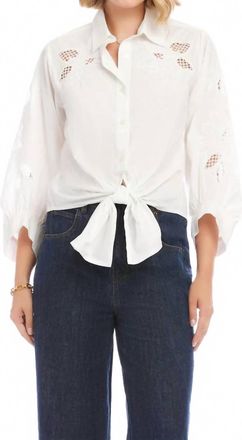 Karen Kane Blouson Sleeve Embroidered Tie-Front Top In Off White