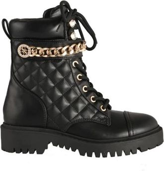 Guess Gequilte Eco-Leren Enkellaarsjes - Dames - Veterlaarzen - Zwart - 36 EU - Leer - Schoenen