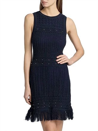 Milly Beaded Fringe Knit Shell Dress In Navy
