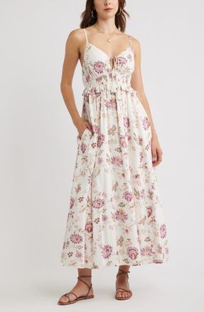 Treasure & Bond Floral Peplum Maxi Dress in Ivory- Pink Cottage Floral at Nordstrom, Size Xx-Small
