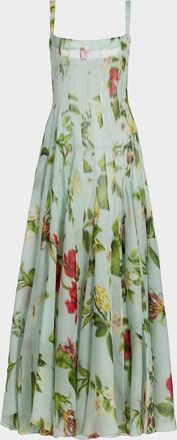 Oscar De La Renta Sleeveless Chine Hibiscus Silk Gazar Trumpet Gown