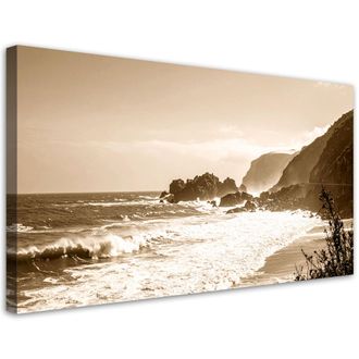 Feeby Cuadro En Lienzo, Paisaje Marino En Estilo Vintage Sepia Con Acantilados, 120x60
