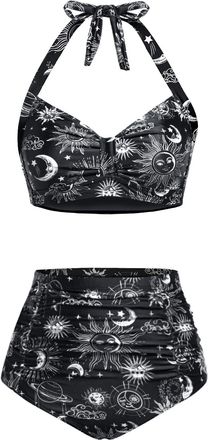 Holipick Women High Waisted Bikini Set Two Piece Swimsuit Tummy Control Bathing Suit Vintage Halter Swimwear, Black Sun Moon, 18 Plus