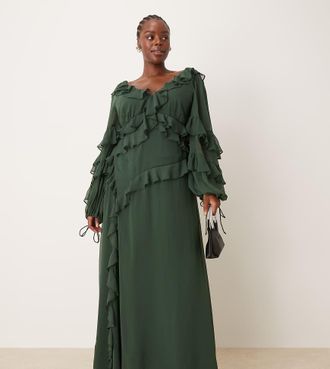Asos Curve ASOS DESIGN Curve - Vestito lungo a maniche lunghe verde bosco con volant asimmetrici