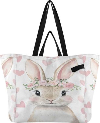 Generic Flower Rabbit Heart Pink print Reusable Canvas Tote Bag, Heavy Duty Grocery Shopping Bag with Large Capacity Hard Bottom Double Handles Work Groceries